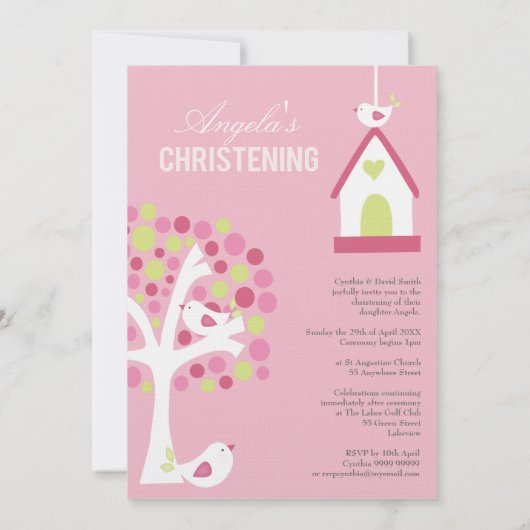 Roze vogels en bomen Baby Baptisme Christening Inv Kaart (Achterkant)