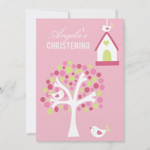 Roze vogels en bomen Baby Baptisme Christening Inv Kaart