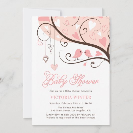 Roze vogels en hartsnaren Baby shower Kaart (Voorkant)