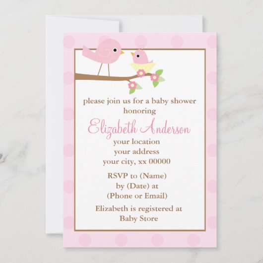 Roze vogels in een Baby shower van een nestmeisje Kaart (Voorkant)