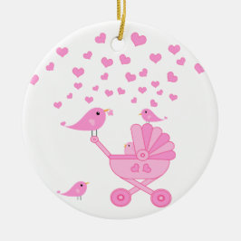 Roze Vogels met wandelwagen - Roze Keramisch Ornament