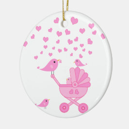 Roze Vogels met wandelwagen - Roze Keramisch Ornament