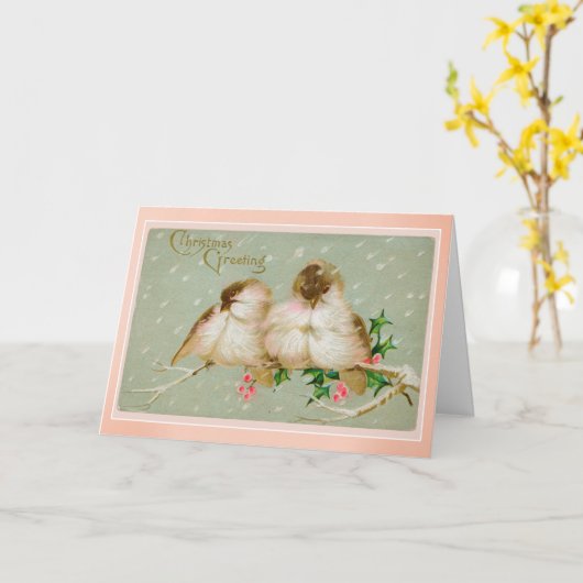 roze vogels op een Holly Branch Kerstmis Kaart (Gele Bloem)