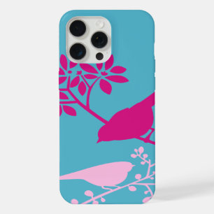 Roze vogels op lichtblauw iPhone 15 pro max case