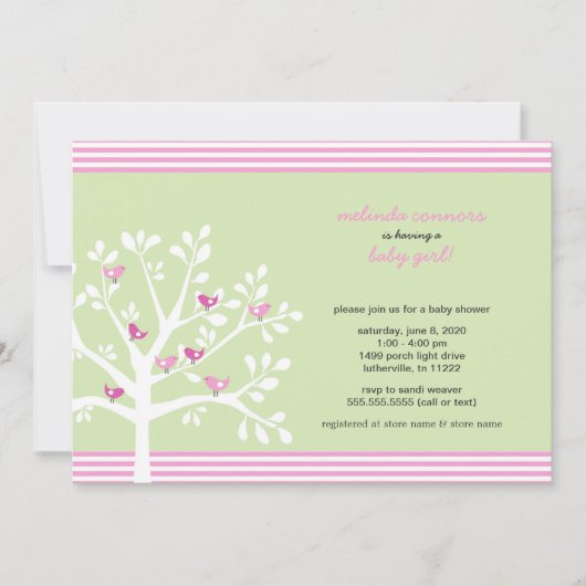 Roze vogels op witte baby shower nodigen kaart (Voorkant)