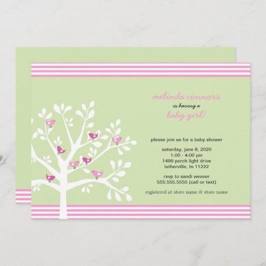 Roze vogels op witte baby shower nodigen kaart (Voorkant / Achterkant)