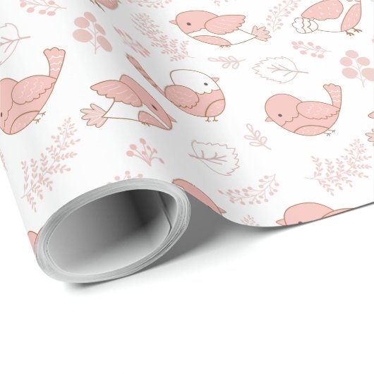  Roze Vogels Op Witte Kinderen Cadeaupapier (Rol Hoek)
