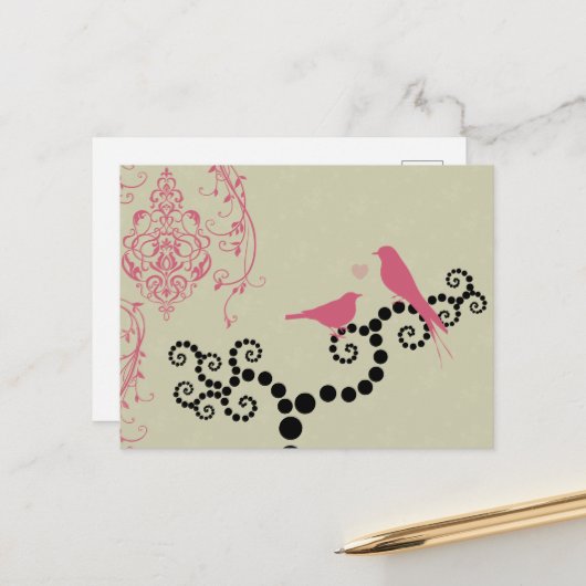 Roze vogels, vogels op bomen, Stippen, harten, lie Briefkaart (Voorkant / Achterkant in situ)