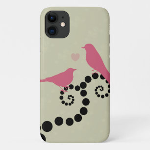 Roze vogels, vogels op bomen, Stippen, harten, lie iPhone 11 Hoesje