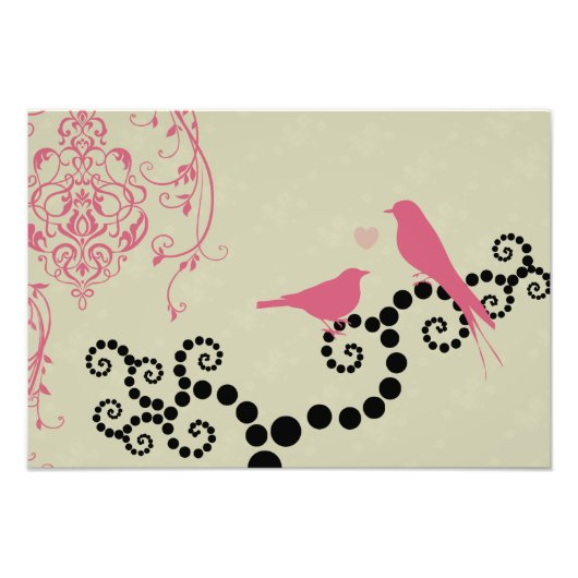 Roze vogels, vogels op bomen, Stippen, harten, lie Foto Afdruk (Voorkant)