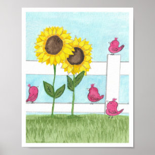 Roze Vogels & Zonnebloemen Poster