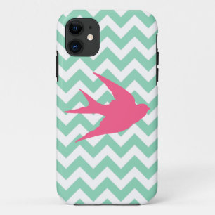 Roze vogelsilhouet op Chevron Stripes iPhone 11 Hoesje