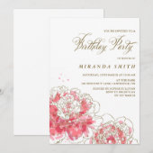 Roze volken | Uitnodiging van Floral Birthday (Voorkant / Achterkant)