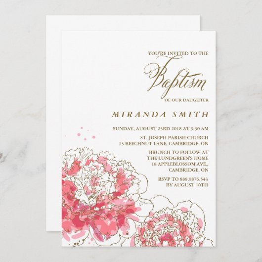 Roze volken | Uitnodiging voor Floral Baptism (Voorkant / Achterkant)