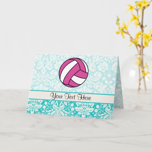 Roze volleybal; Damaspatroon Kaart (Gele Bloem)