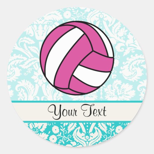 Roze volleybal; Damaspatroon Ronde Sticker (Voorkant)