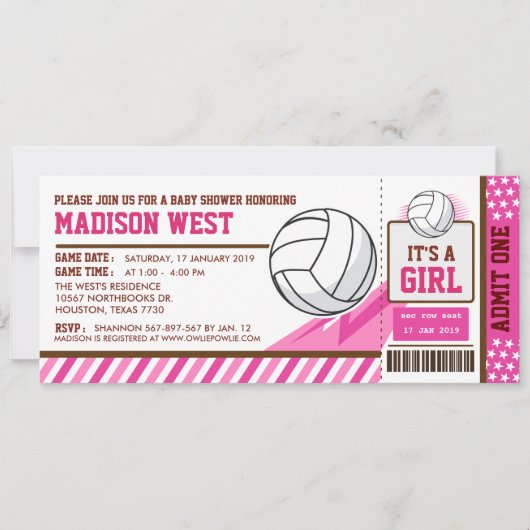 Roze Volleybal Ticket Pass Baby shower Uitnodiging (Voorkant)
