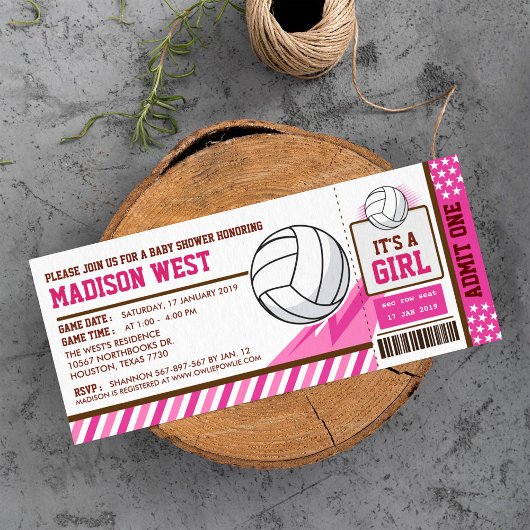 Roze Volleybal Ticket Pass Baby shower Uitnodiging