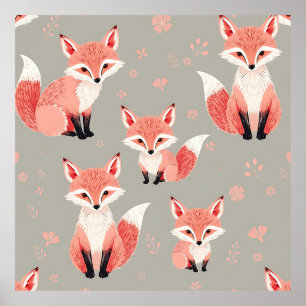 Roze Vos Baby Nursery Mooie Bosdier Patroon Poster