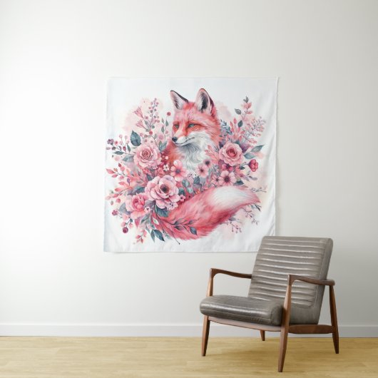 Roze Vos Waterverf Floral Art Wandkleed (In situ)