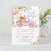 Roze vrachtwagen babyshower uitnodiging (Staand voorkant)