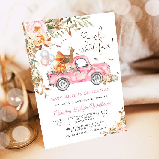 Roze vrachtwagen babyshower uitnodiging