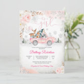 Roze vrachtwagen bos babyshower uitnodiging (Staand voorkant)