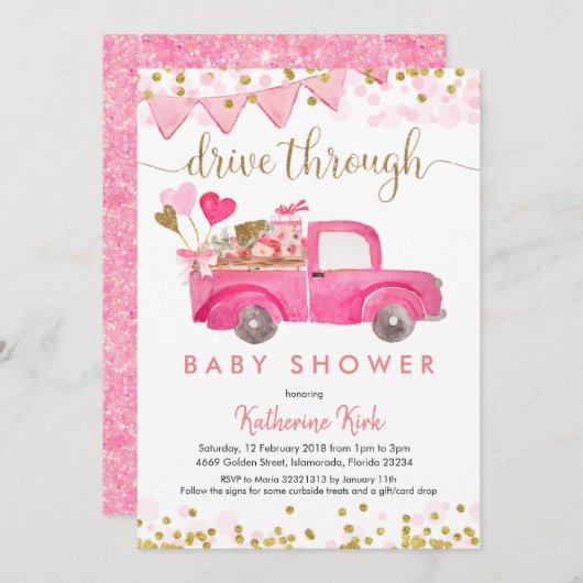 Roze vrachtwagen drive through Baby shower Kaart (Voorkant / Achterkant)