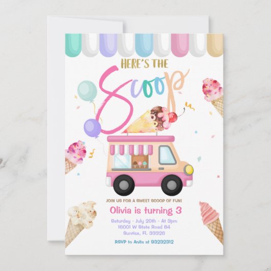 Roze vrachtwagen ijsje verjaardagsuitnodiging kaart (Voorkant)