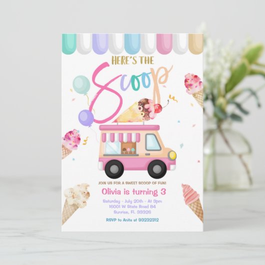 Roze vrachtwagen ijsje verjaardagsuitnodiging kaart (Staand voorkant)