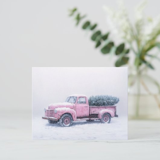 Roze Vrachtwagen Kerstboom Blizzard Art Briefkaart (Staand voorkant)