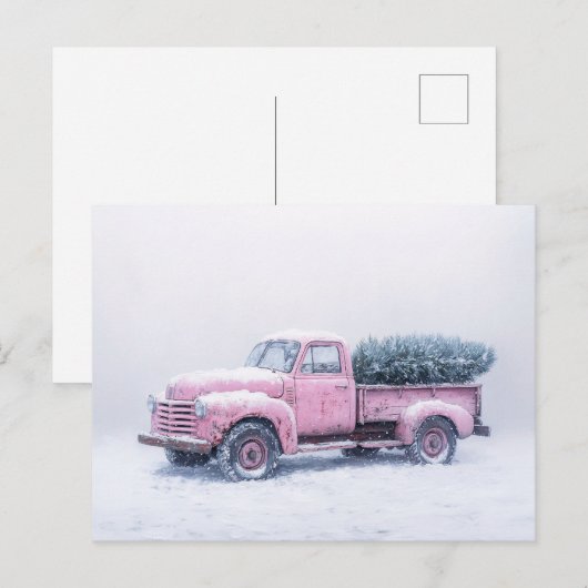  Roze Vrachtwagen Kerstboom Blizzard Art Briefkaart (Voorkant / Achterkant)