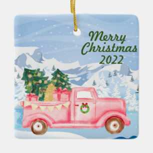 roze vrachtwagen kerstversiering 2022 keramisch ornament