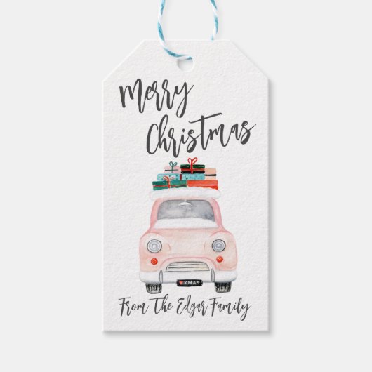 Roze vrachtwagen met cadeaus vrolijk kerstfeest cadeaulabel (Voorkant)