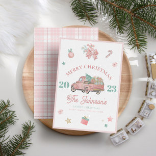 Roze Vrachtwagen Modern Trendy Kerstmis Feestdagenkaart