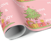 Roze Vrede, Liefde & Vreugde Retro Kerstboom Cadeaupapier (Rol Hoek)