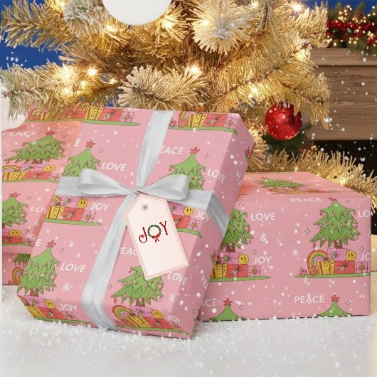 Roze Vrede, Liefde & Vreugde Retro Kerstboom Cadeaupapier