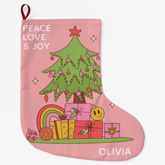 Roze Vrede, Liefde & Vreugde Retro Kerstboom Grote Kerstsok (Voorkant)