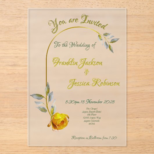 Roze Vrede Roos w' Bord Groen-Goud Huwelijk Acryl Uitnodigingen (Voorkant)