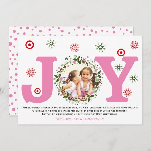 Roze vreugde en Kerst bloemstuk krans foto Feestdagenkaart (Voorkant / Achterkant)