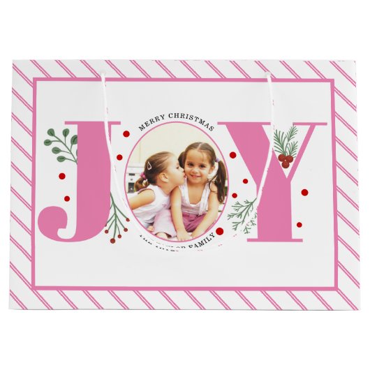 Roze Vreugde met bessen Kerstmis foto en strepen Groot Cadeauzakje (Voorkant)