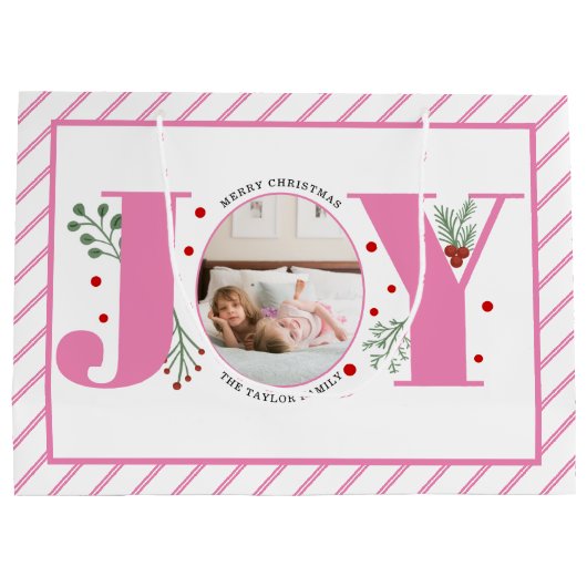 Roze Vreugde met bessen Kerstmis foto en strepen Groot Cadeauzakje (Achterkant)