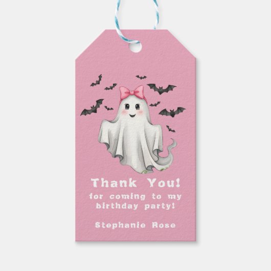 Roze Vriendelijk Meisje Spook Met Vliegboten Cadeaulabel (Voorkant)