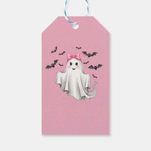 Roze Vriendelijk Meisje Spook Met Vliegboten Cadeaulabel (Achterkant)