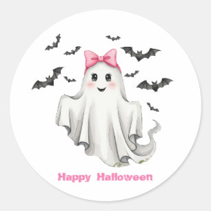 Roze Vriendelijk Meisje Spook Met Vliegboten Ronde Sticker