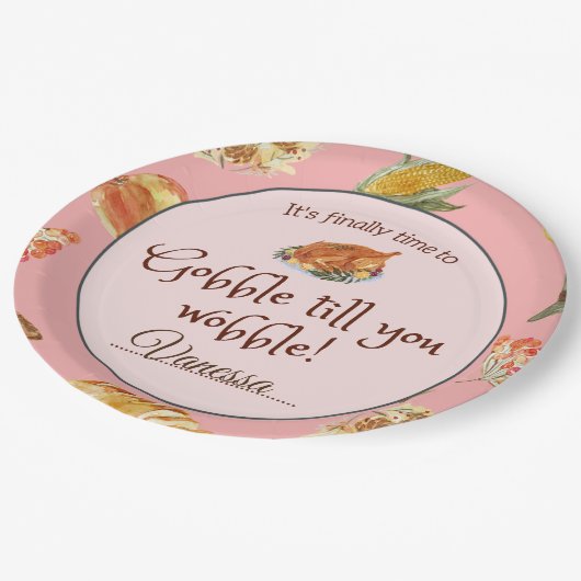 Roze Vriendsgiving Thanksgiving Diner Vakantie Papieren Bordje (Gekanteld)