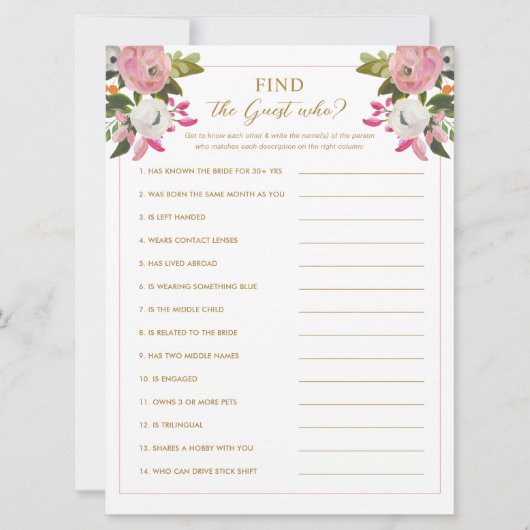 Roze Vrijgezellenfeest game Zoek de gast die gamen Kaart (Voorkant)