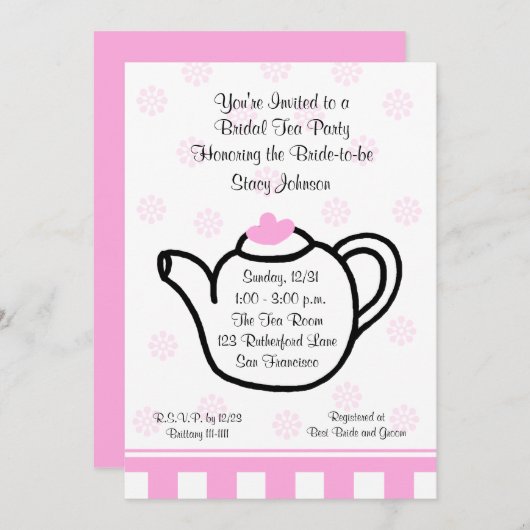 Roze Vrijgezellenfeest Tea Party Uitnodiging (Voorkant / Achterkant)