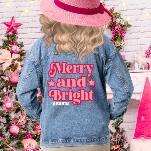 Roze Vrolijk & Helder Kerstmis Gepersonaliseerde N Denim Jacket