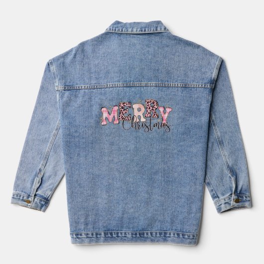 Roze Vrolijk Kerstfeest Geplaid Luipaard Print Gli Denim Jacket (Achterkant)
